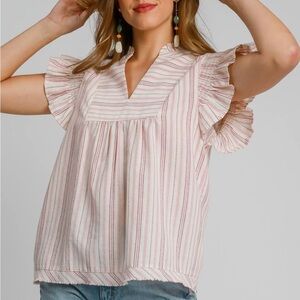 Umgee Pink and White Striped Ruffle Blouse